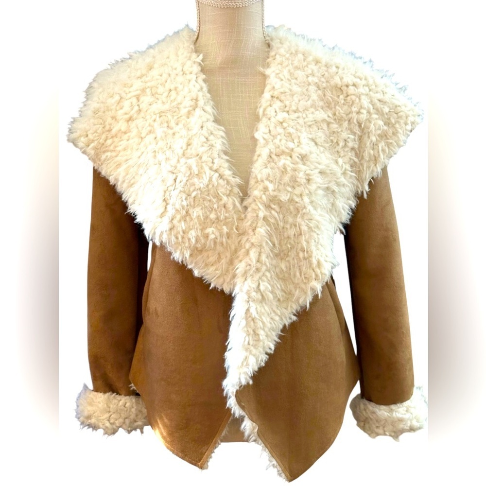 Women's Tan and Cream Shearling Jacket ~ Vegan Sherpa & Suede by Me Jane - Picture 9 of 16